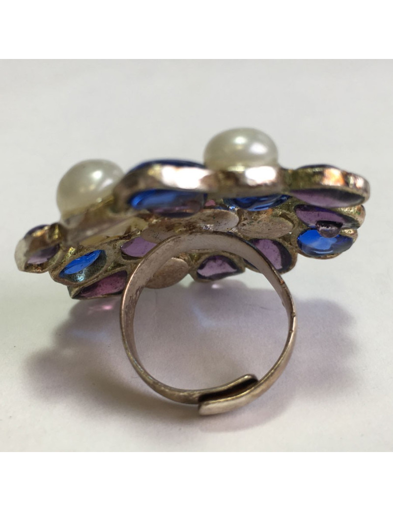 TAILLE Bague MARGUERITE DE VALOIS en pâte de verre mauve et bleu, perles nacrées
