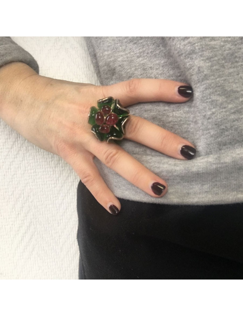 TAILLE Bague MARGUERITE DE VALOIS fleur en pâte de verre vert et rose