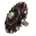 Ring MARGUERITE of VALOIS round purple glass paste, rhinestone and Pearl Pearl T53