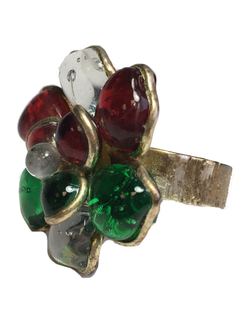 TAILLE Bague MARGUERITE DE VALOIS fleur en pâte de verre transparente, verte et rouge