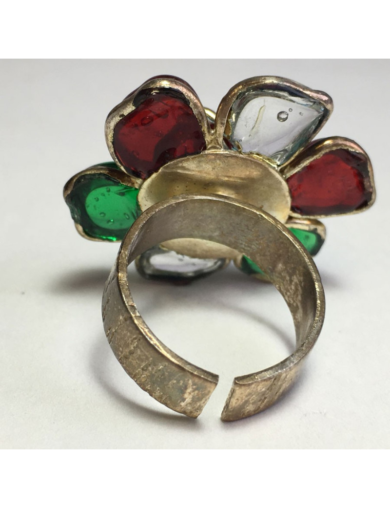 TAILLE Bague MARGUERITE DE VALOIS fleur en pâte de verre transparente, verte et rouge