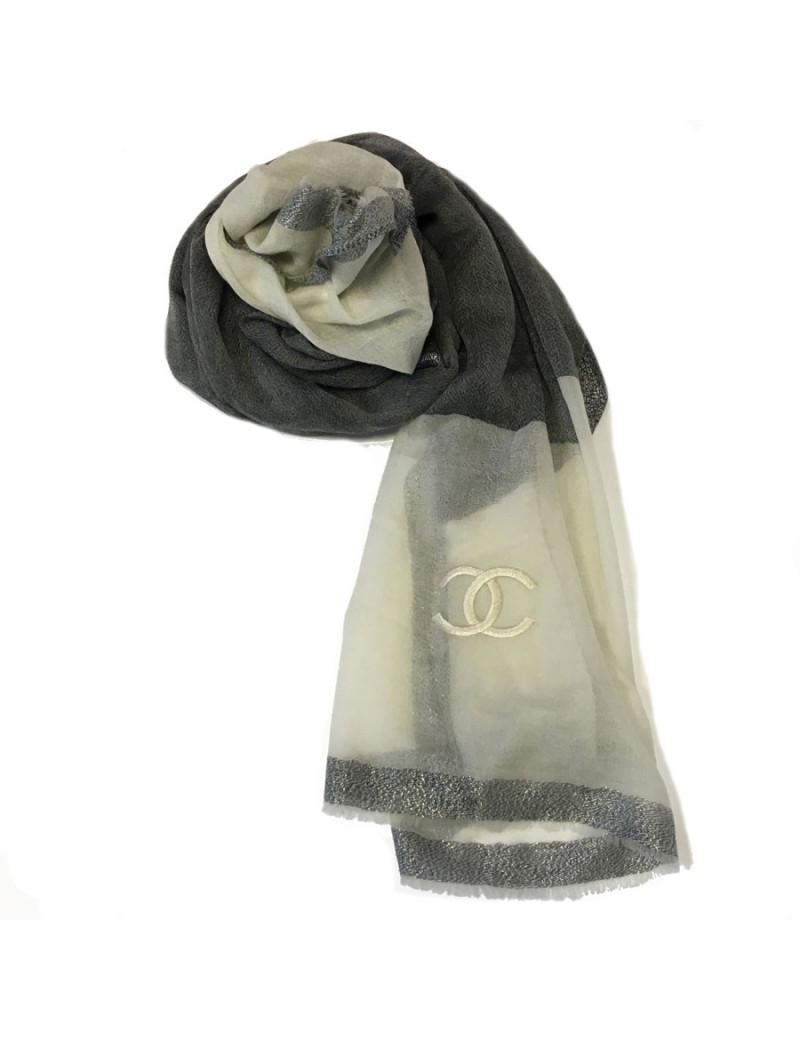 CHANEL shawl in ivory and anthracite silk