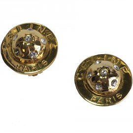 Boucles d'oreille Clips CELINE Vintage demi-sphère en métal doré et strass