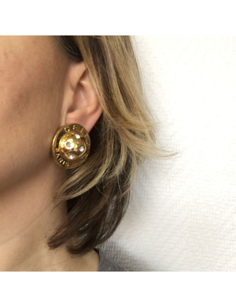 Boucles d'oreille Clips CELINE Vintage demi-sphère en métal doré et strass