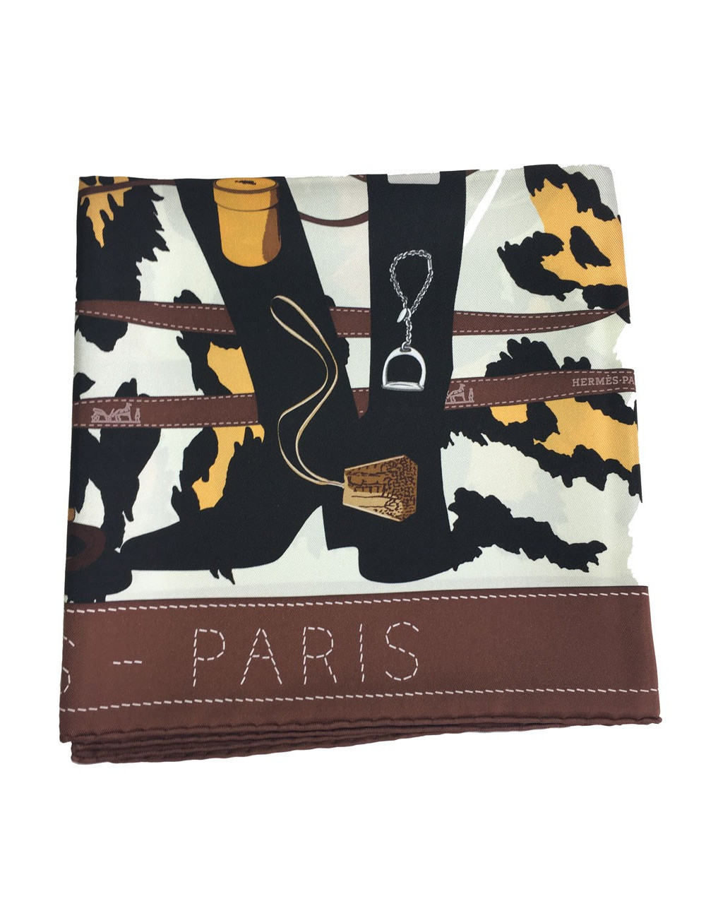 HERMÈS 'Madame Monsieur' scarf in ivory silk and brown border