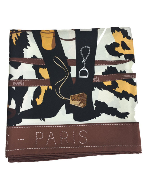 HERMÈS 'Madame Monsieur' scarf in ivory silk and brown border