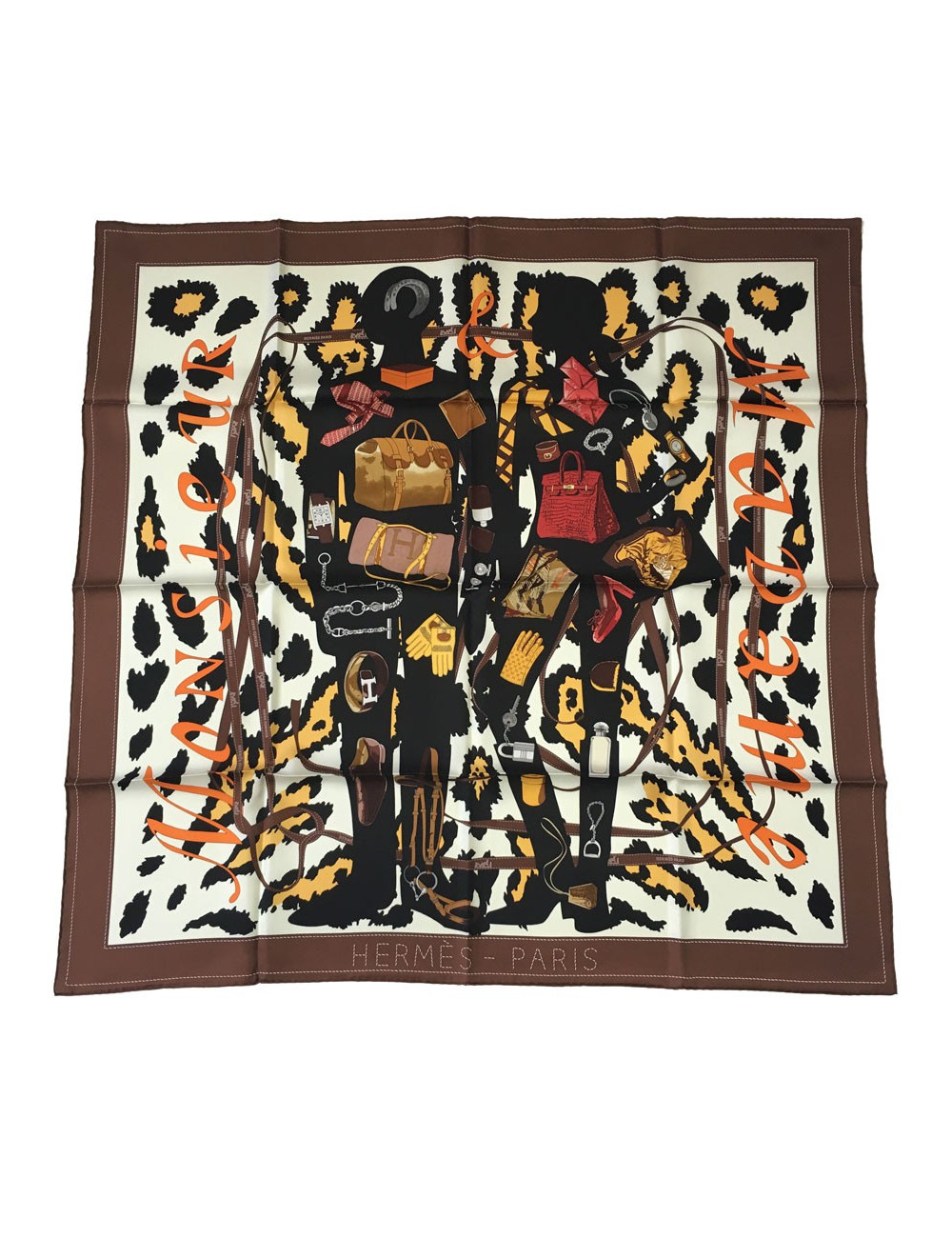 HERMÈS 'Madame Monsieur' scarf in ivory silk and brown border