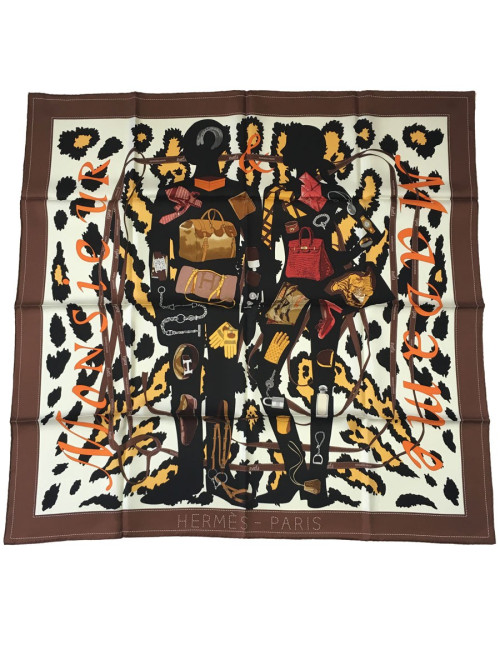 HERMÈS 'Madame Monsieur' scarf in ivory silk and brown border