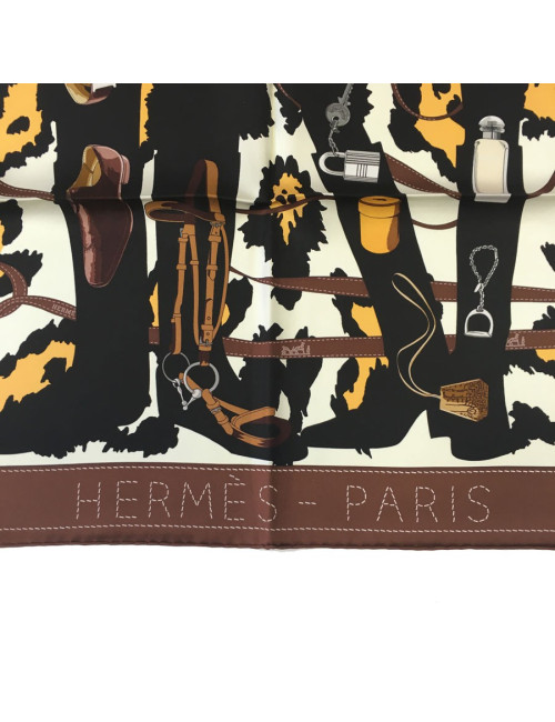 HERMÈS 'Madame Monsieur' scarf in ivory silk and brown border
