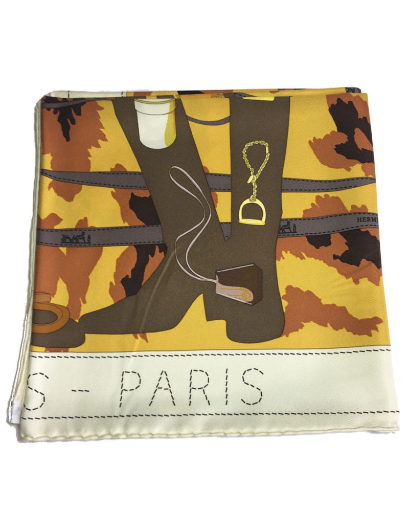 Carré HERMÈS "Monsieur, Madame" ivoire, moutarde, kaki