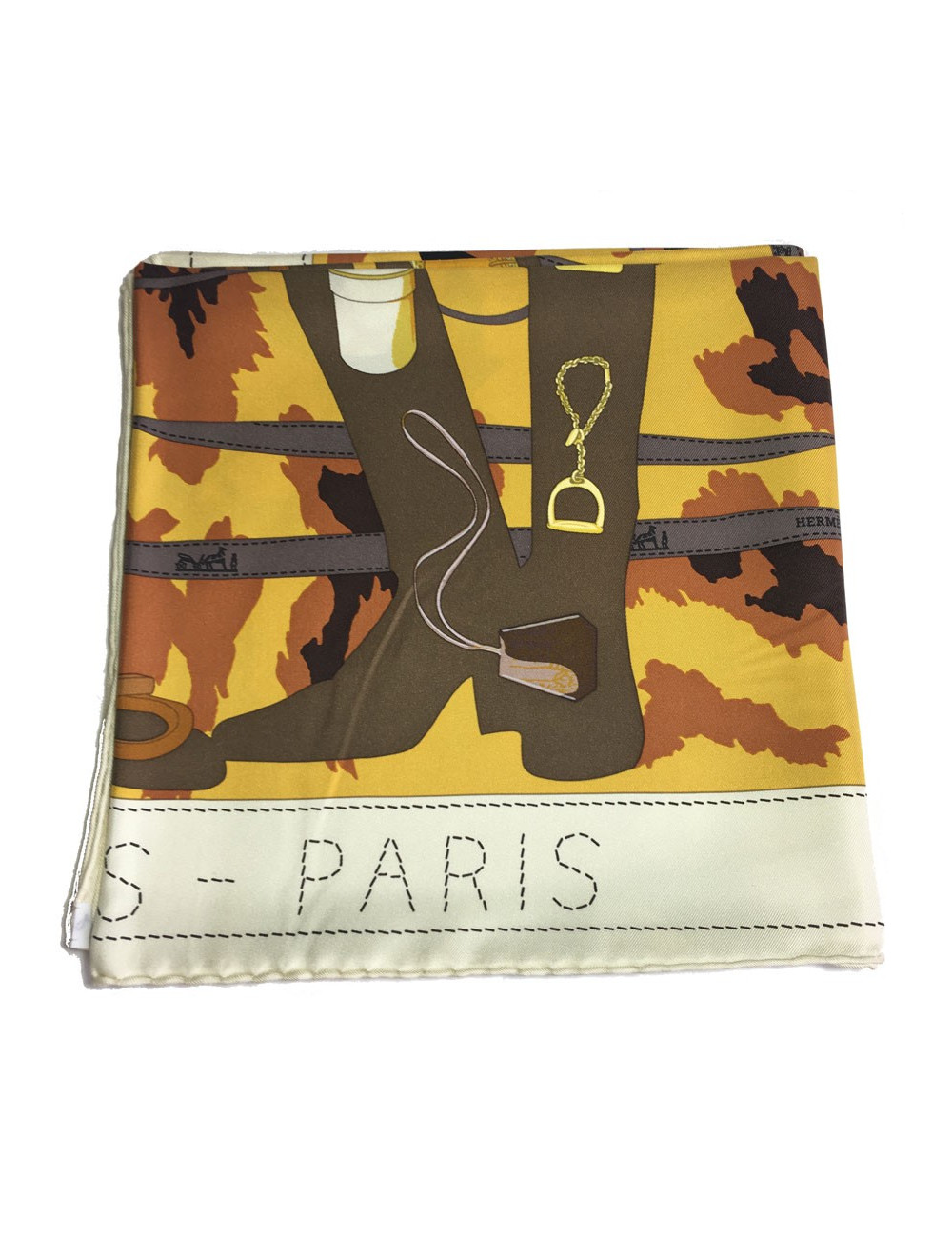 Carré HERMÈS "Monsieur, Madame" ivoire, moutarde, kaki