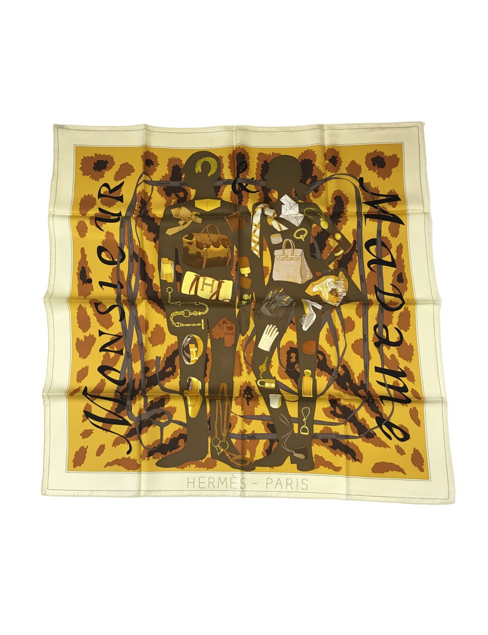 Carré HERMÈS "Monsieur, Madame" ivoire, moutarde, kaki
