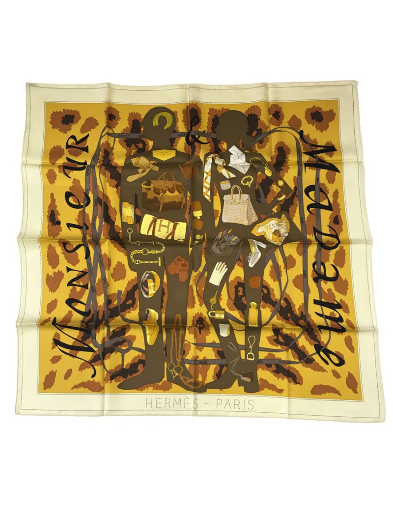 Carré HERMÈS "Monsieur, Madame" ivoire, moutarde, kaki