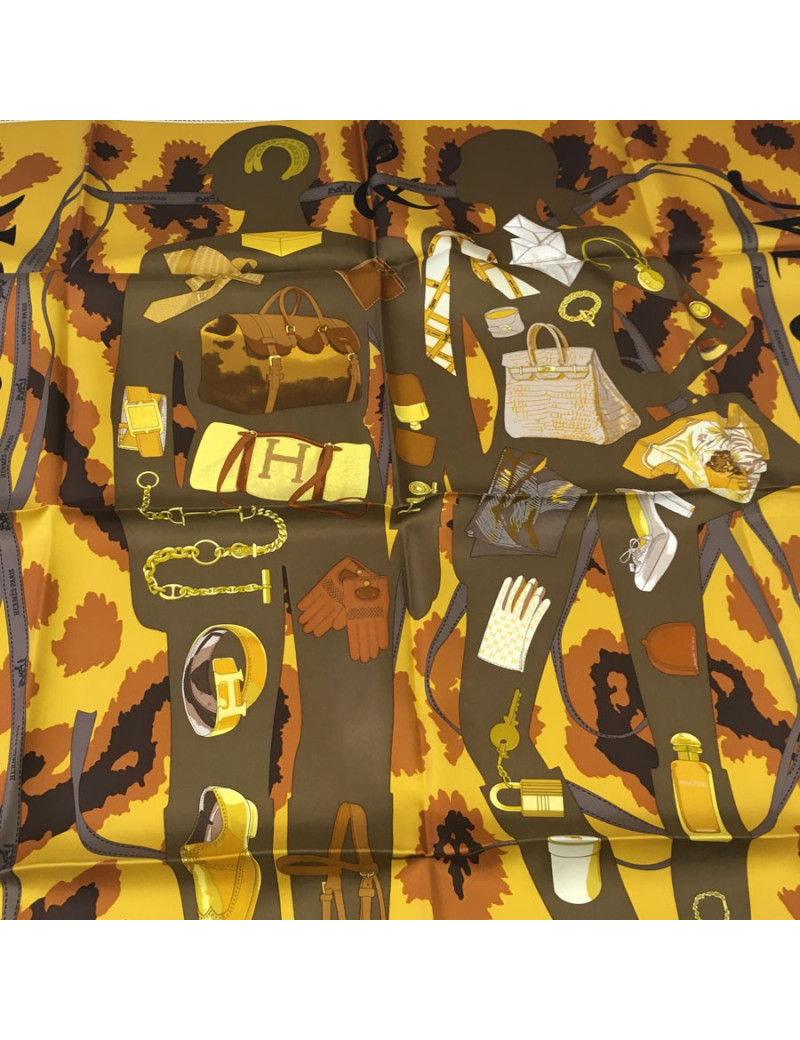 Carré HERMÈS "Monsieur, Madame" ivoire, moutarde, kaki