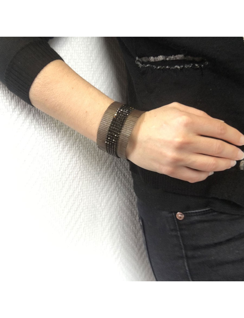 Parure Ras de cou et bracelet DANIEL SWAROVSKI en cuir de couleur bronze