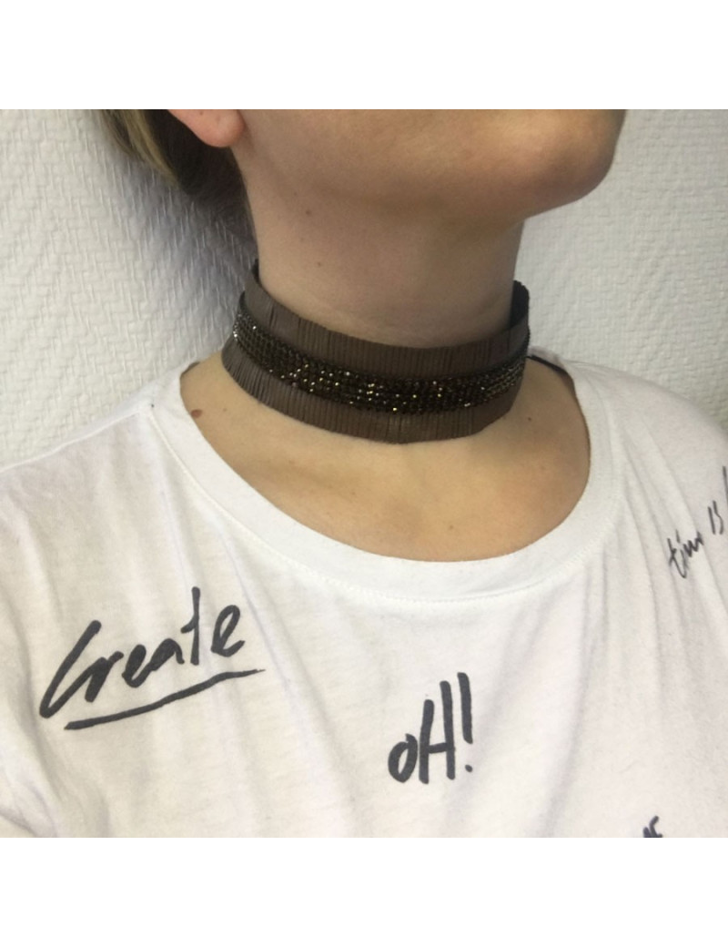 Parure Ras de cou et bracelet DANIEL SWAROVSKI en cuir de couleur bronze