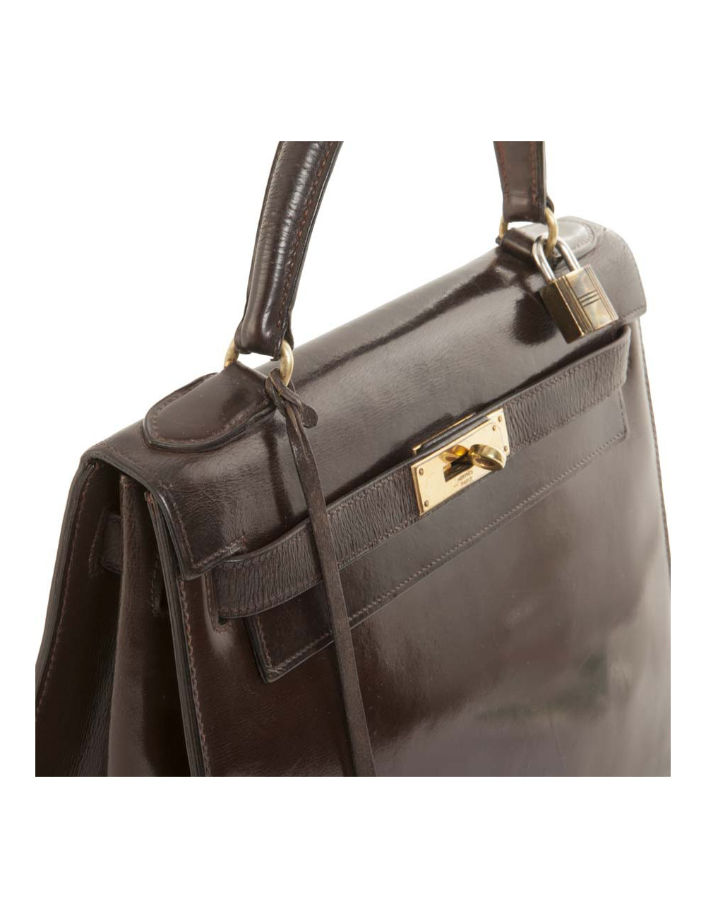 Vintage HERMES Kelly 28 handbag in brown glazed leather