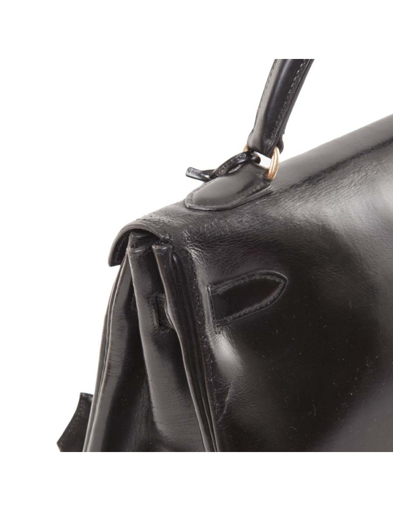 Sac HERMES Kelly 32  cuir box noir vintage