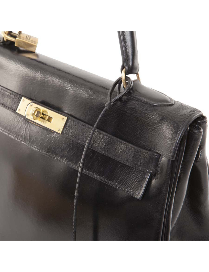 Sac HERMES Kelly 32  cuir box noir vintage