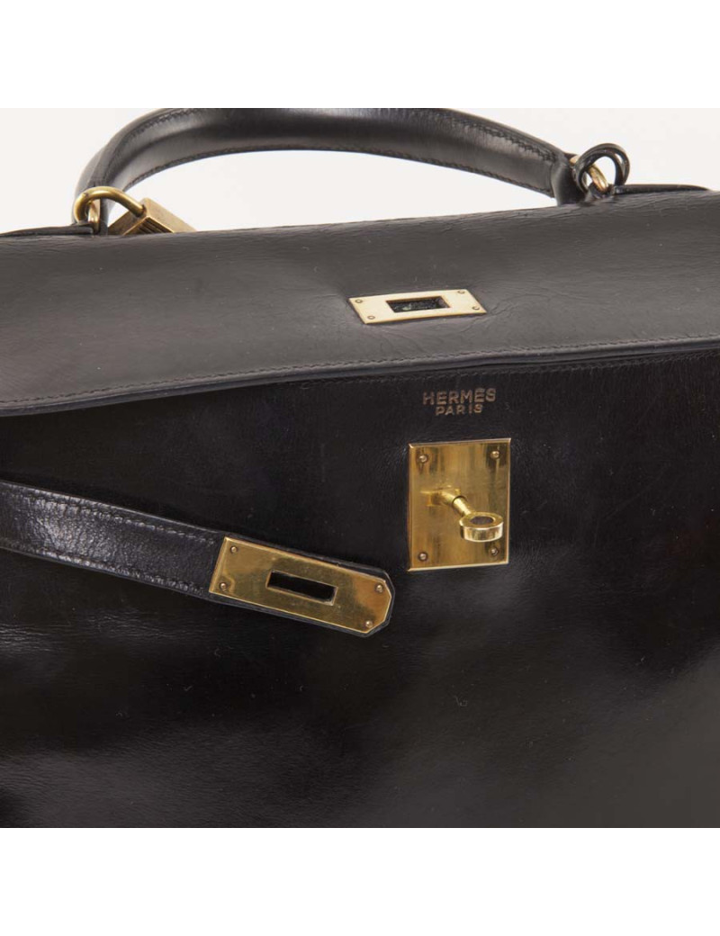 Sac HERMES Kelly 32  cuir box noir vintage