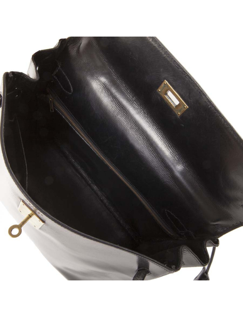 Sac HERMES Kelly 32  cuir box noir vintage