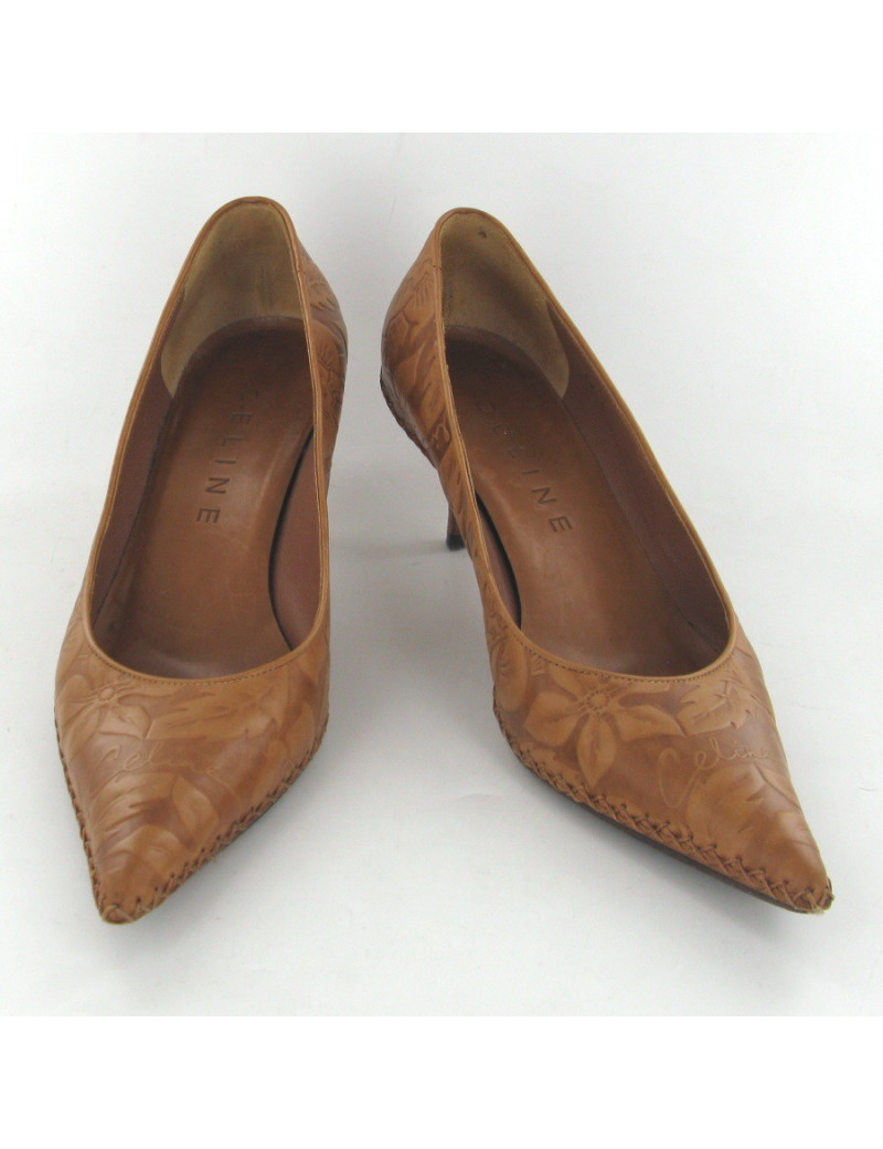 Escarpins T37 CELINE cuir embossé marron