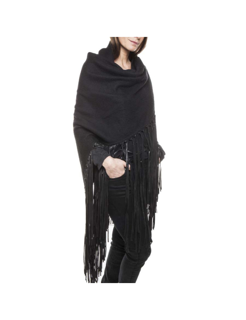 HERMES black shawl in wool and cashmere with fringes in lamb leather