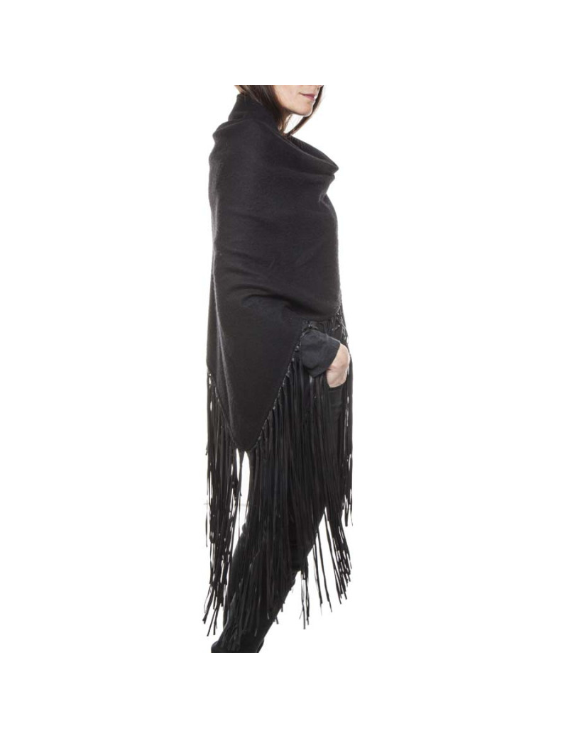 HERMES black shawl in wool and cashmere with fringes in lamb leather