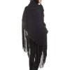 HERMES black shawl in wool and cashmere with fringes in lamb leather