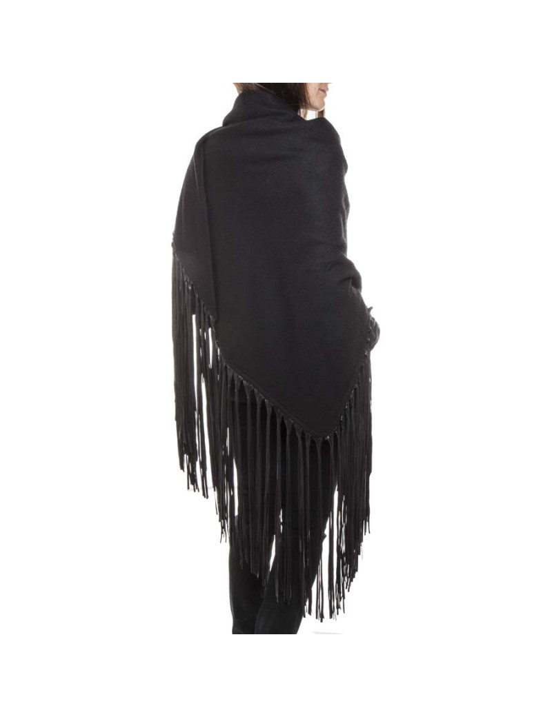HERMES black shawl in wool and cashmere with fringes in lamb leather