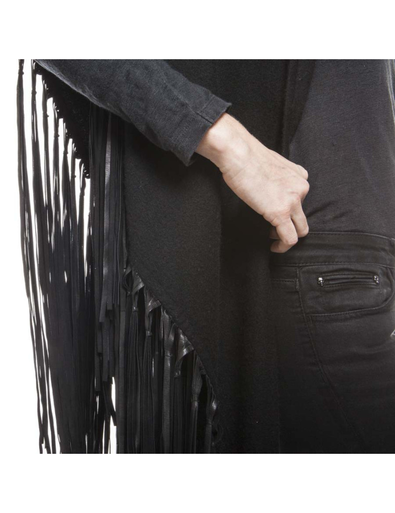 HERMES black shawl in wool and cashmere with fringes in lamb leather