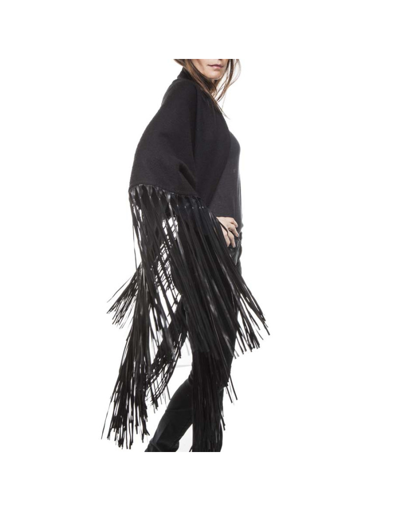 HERMES black shawl in wool and cashmere with fringes in lamb leather