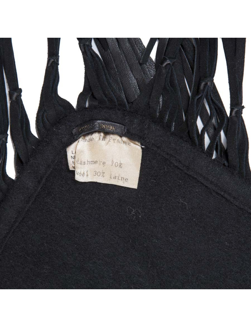 HERMES black shawl in wool and cashmere with fringes in lamb leather