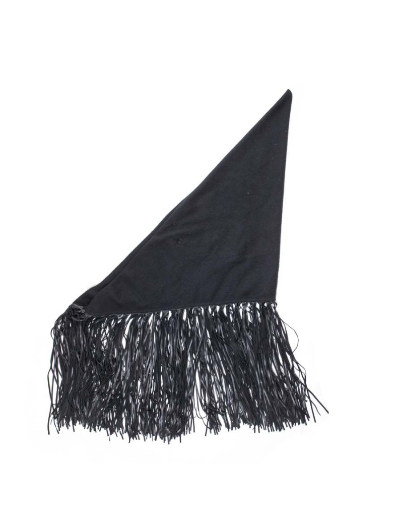 HERMES black shawl in wool and cashmere with fringes in lamb leather