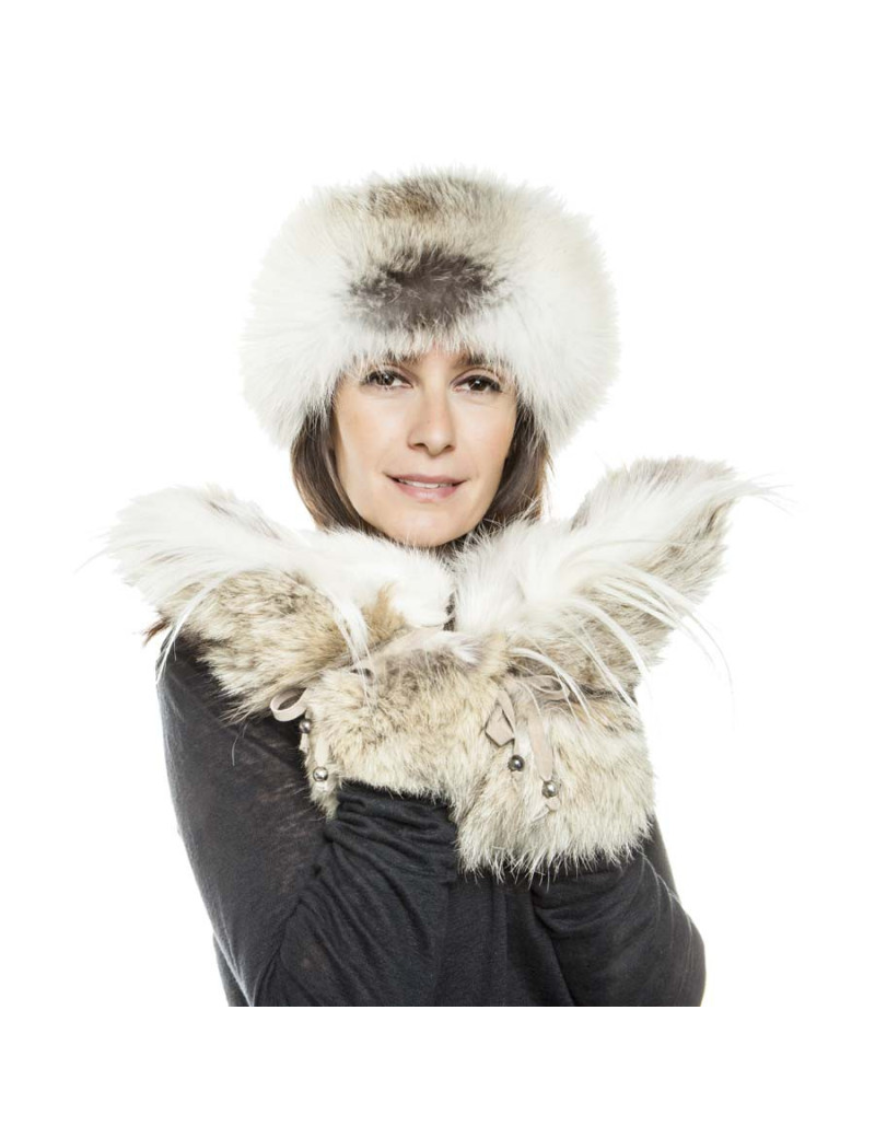 ELCOM Hat and gloves in gray and white cashmere and fur