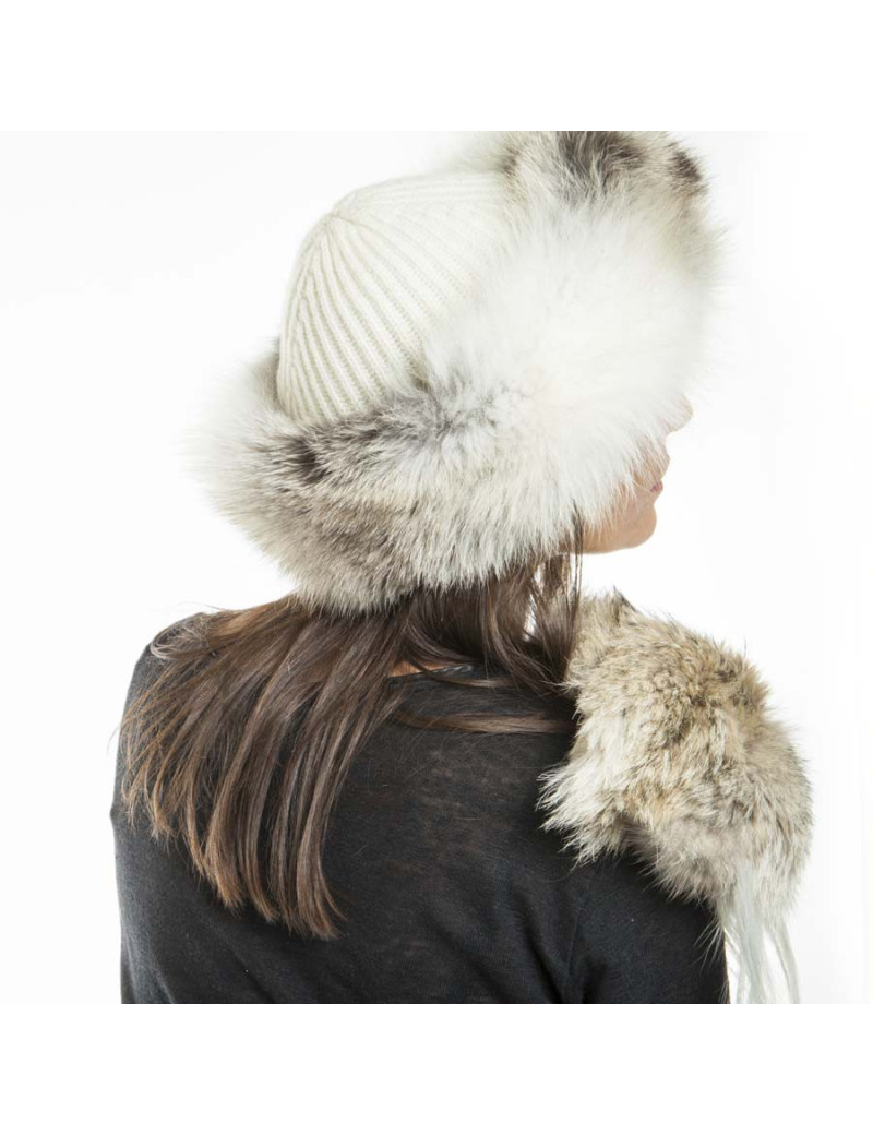 ELCOM Hat and gloves in gray and white cashmere and fur 