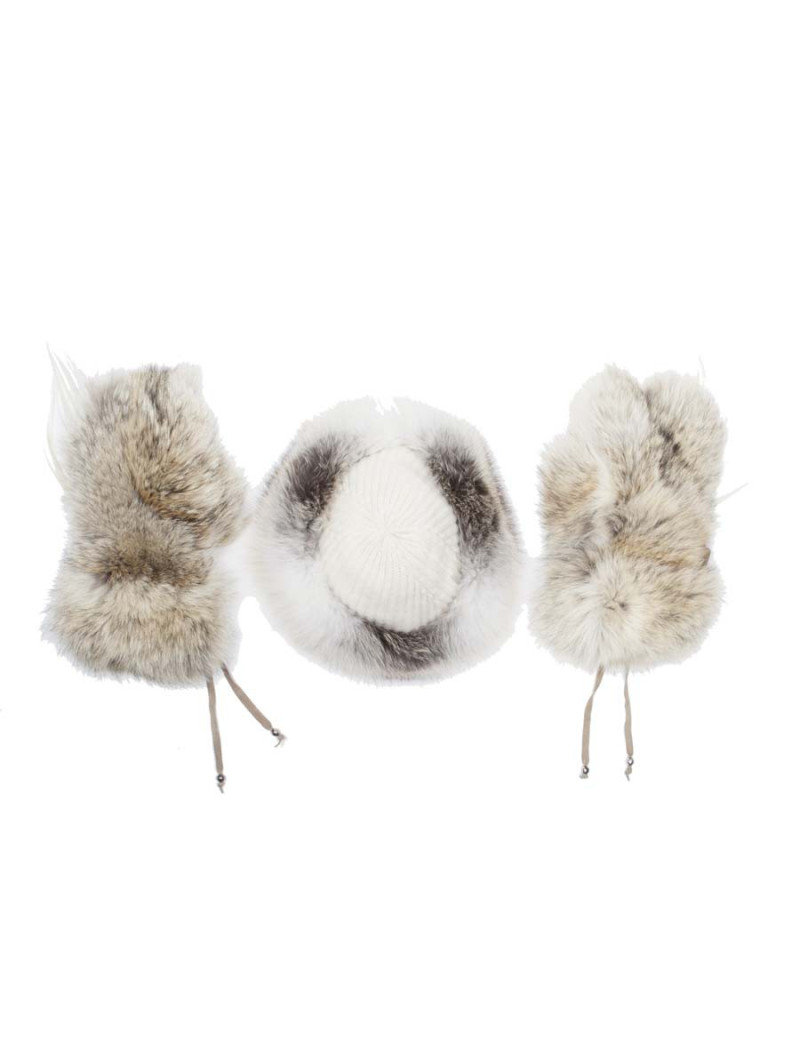 ELCOM Hat and gloves in gray and white cashmere and fur 