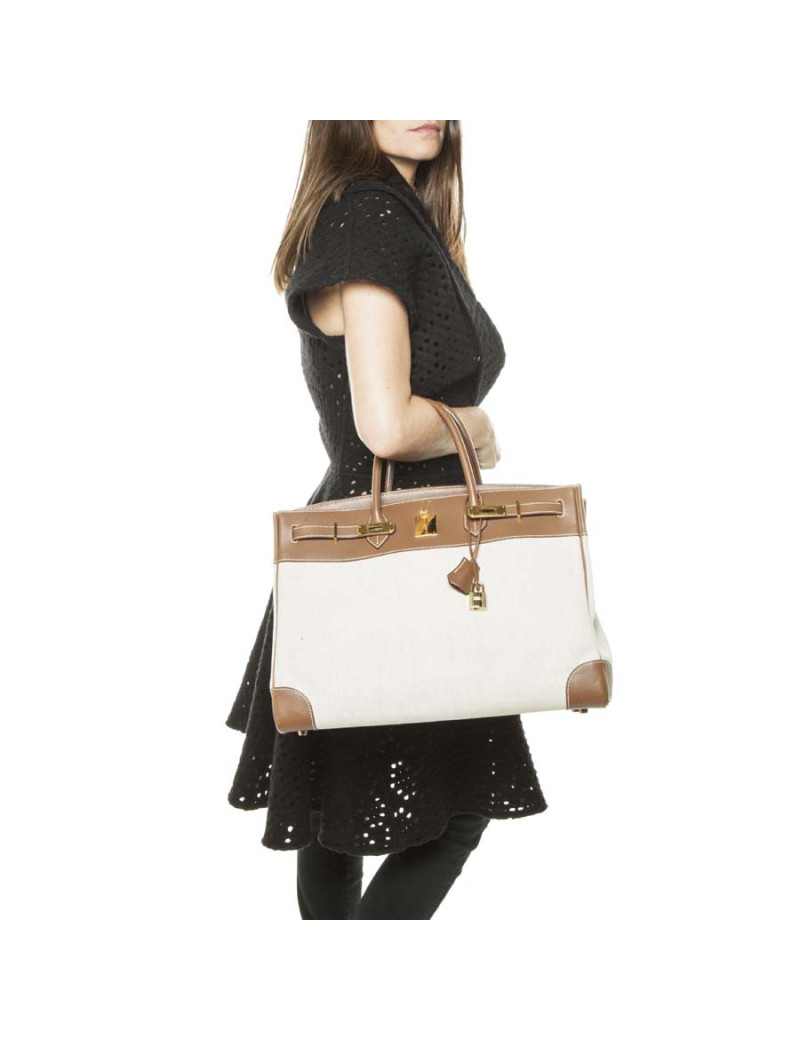 Sac Birkin 40 HERMES toile et cuir veau