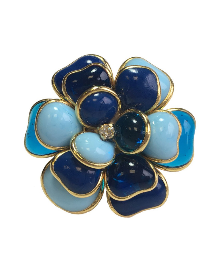 Bague MARGUERITE DE VALOIS camélia T50 en métal doré et pâte de verre bleue