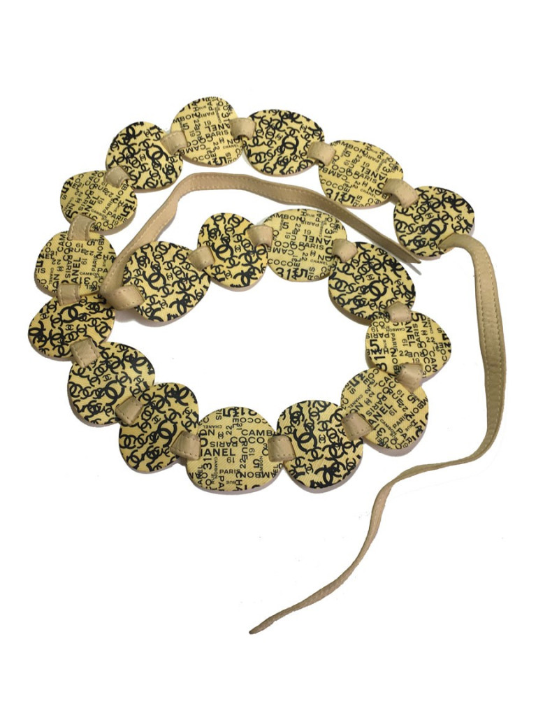 xxx Ceinture CHANEL Vintage T90 en cuir beige et empiècement en plastique jaune 