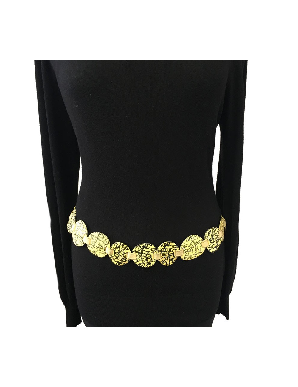 xxx Ceinture CHANEL Vintage T90 en cuir beige et empiècement en plastique jaune 