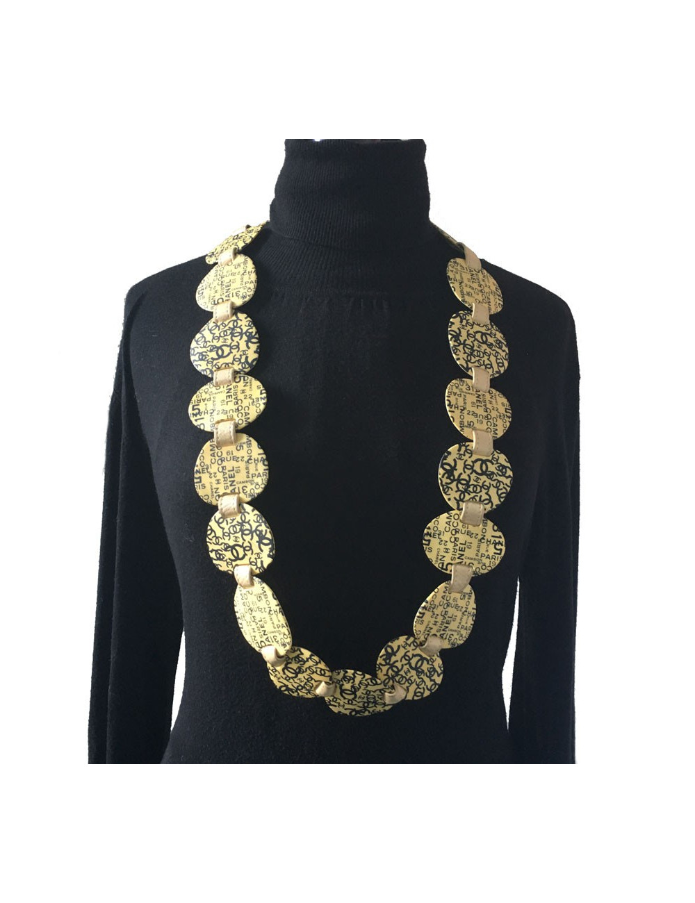 xxx Ceinture CHANEL Vintage T90 en cuir beige et empiècement en plastique jaune 