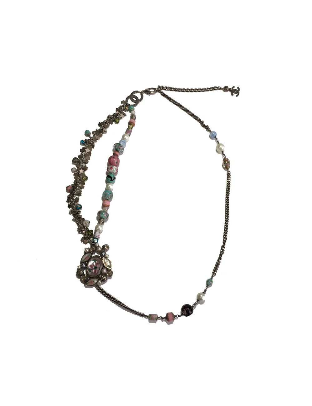 Ceinture CHANEL T80 chaîne argentée et perles multicolores