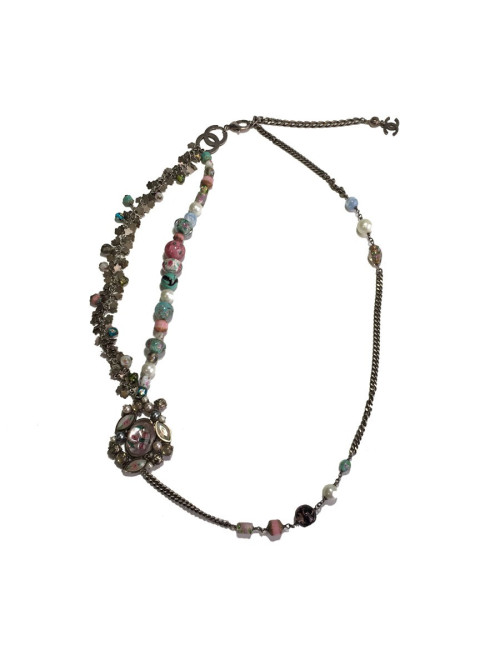 Ceinture CHANEL T80 chaîne argentée et perles multicolores