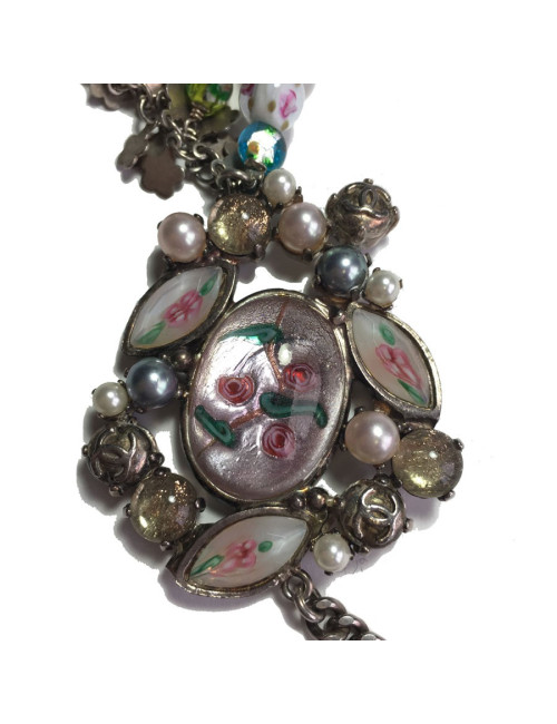 CHANEL T80 belt-necklace in silver chain, transparent molten glass beads, pearls and CC