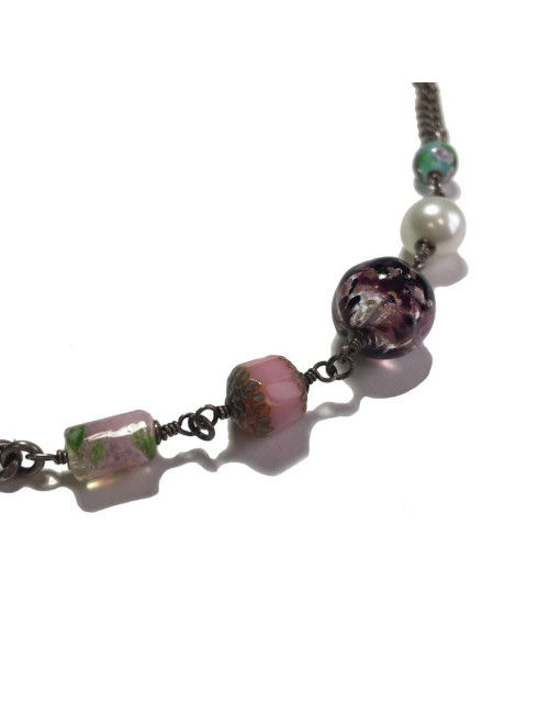 CHANEL T80 belt-necklace in silver chain, transparent molten glass beads, pearls and CC