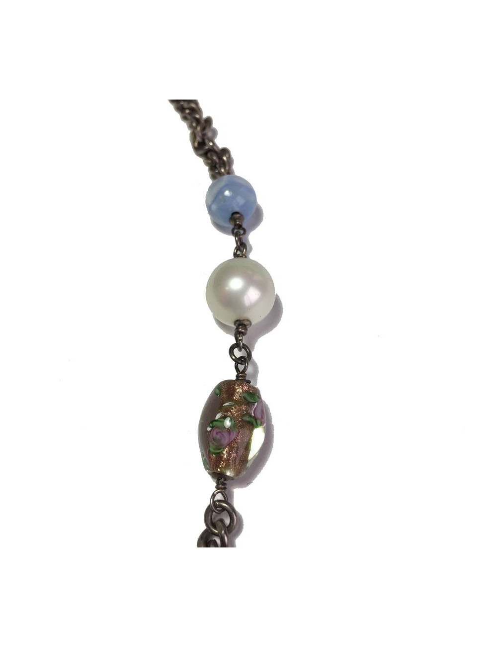 CHANEL T80 belt-necklace in silver chain, transparent molten glass beads, pearls and CC