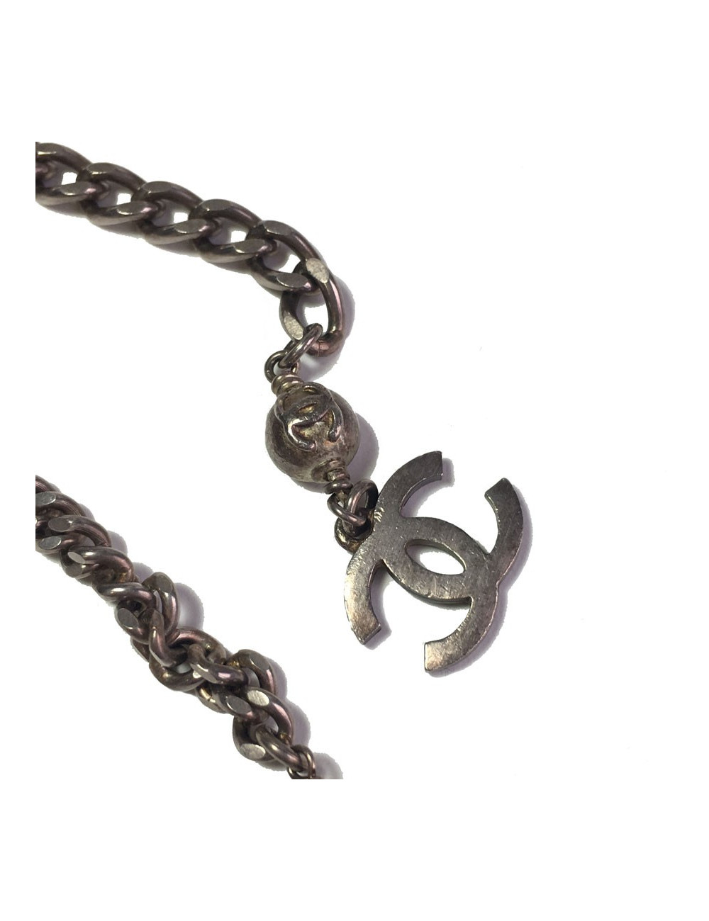 Ceinture CHANEL T80 chaîne argentée et perles multicolores