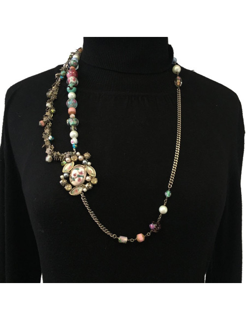 CHANEL T80 belt-necklace in silver chain, transparent molten glass beads, pearls and CC