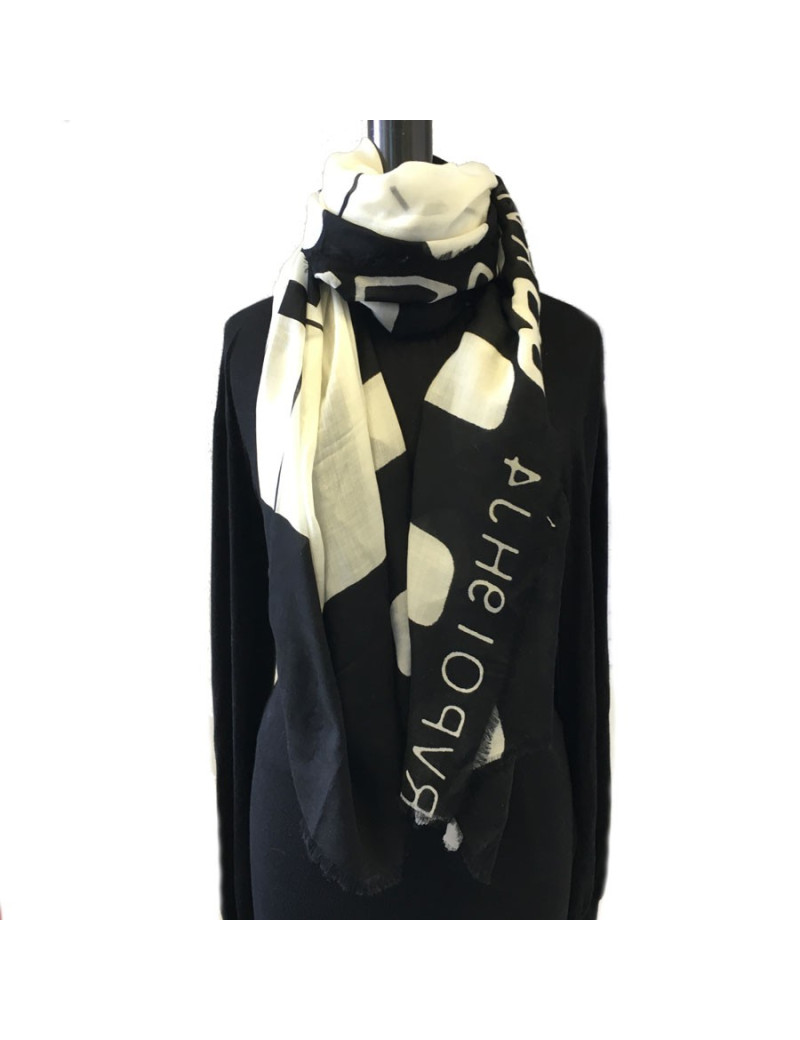 xxx Grand châle CHANEL en cachemire et soie à petites franges noir et ivoire